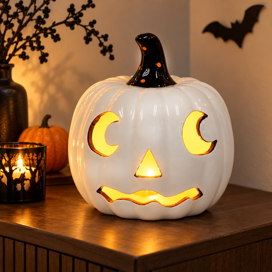 Halloween White Ceramic Pumpkin LED Lighted Jack O Lantern Battery Operated Decorative Lantern for Tabletop Mantel Entryway Spooky Indoor Halloween Decor