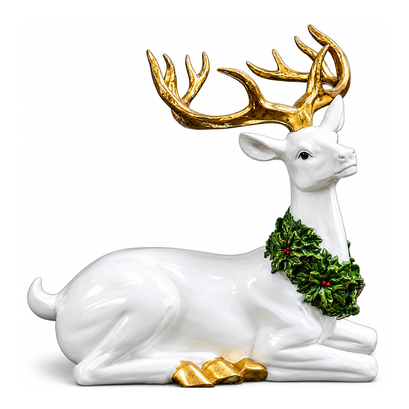 Gold Antler Reindeer Figurine Handcrafted Resin Christmas Decor with Green Wreath 12.2