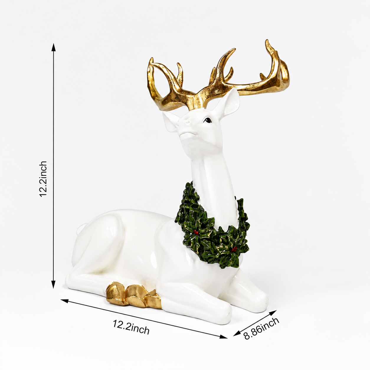 Gold Antler Reindeer Figurine Handcrafted Resin Christmas Decor with Green Wreath 12.2