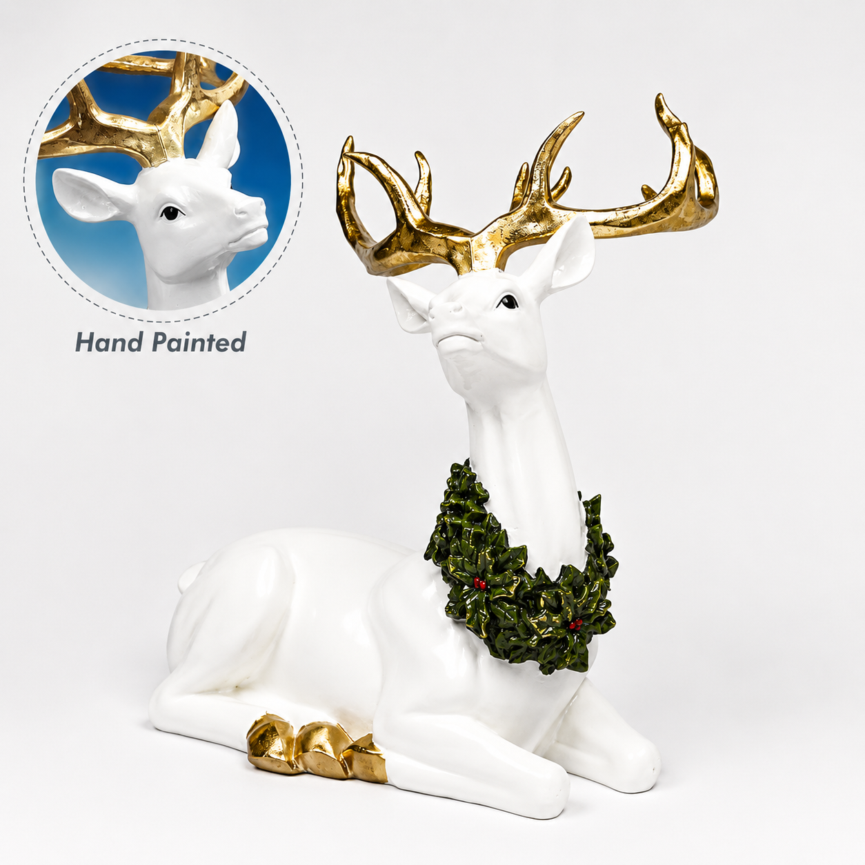 Gold Antler Reindeer Figurine Handcrafted Resin Christmas Decor with Green Wreath 12.2