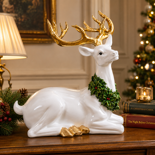 Gold Antler Reindeer Figurine Handcrafted Resin Christmas Decor with Green Wreath 12.2"H
