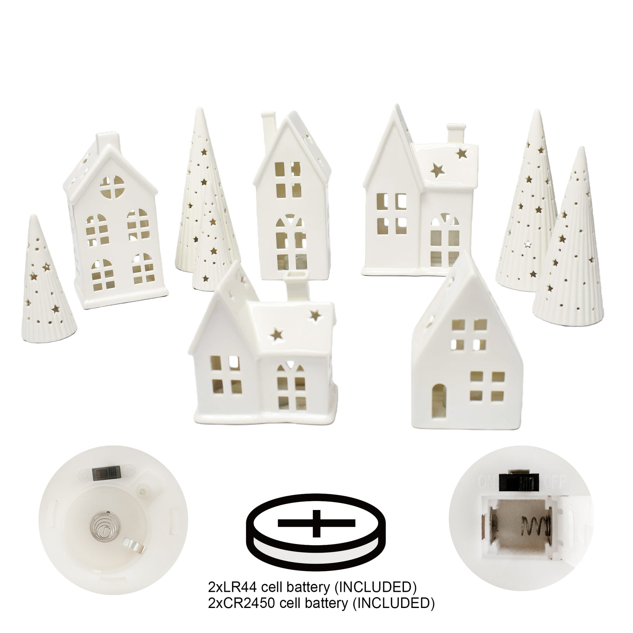 Lighted Ceramic Christmas Village Set 10 Pc White Holiday Houses and Tree Decor