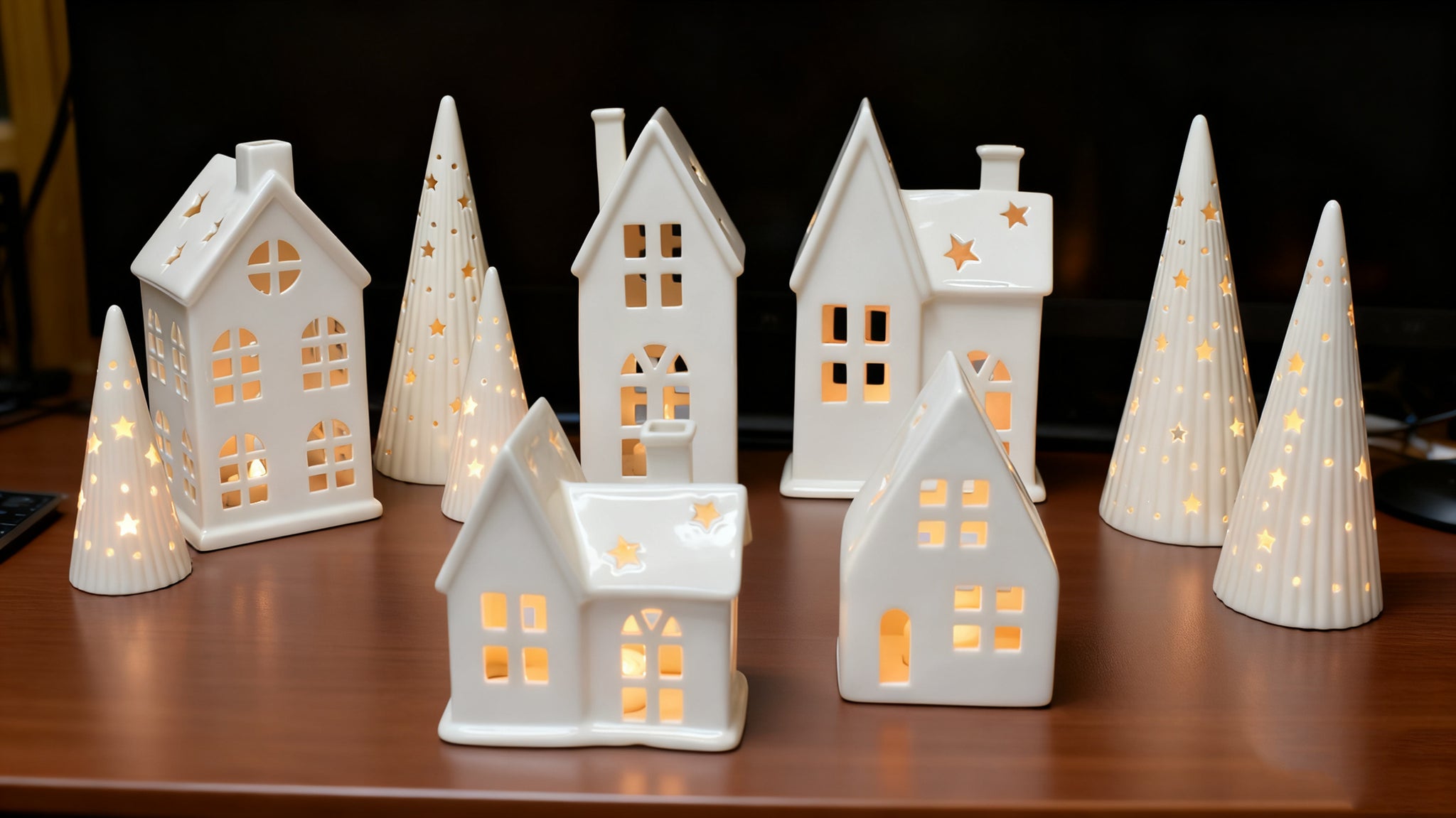 Lighted Ceramic Christmas Village Set 10 Pc White Holiday Houses and Tree Decor