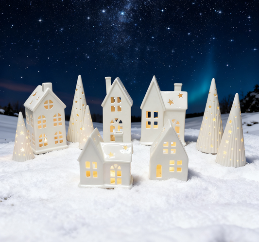 Lighted Ceramic Christmas Village Set 10 Pc White Holiday Houses and Tree Decor