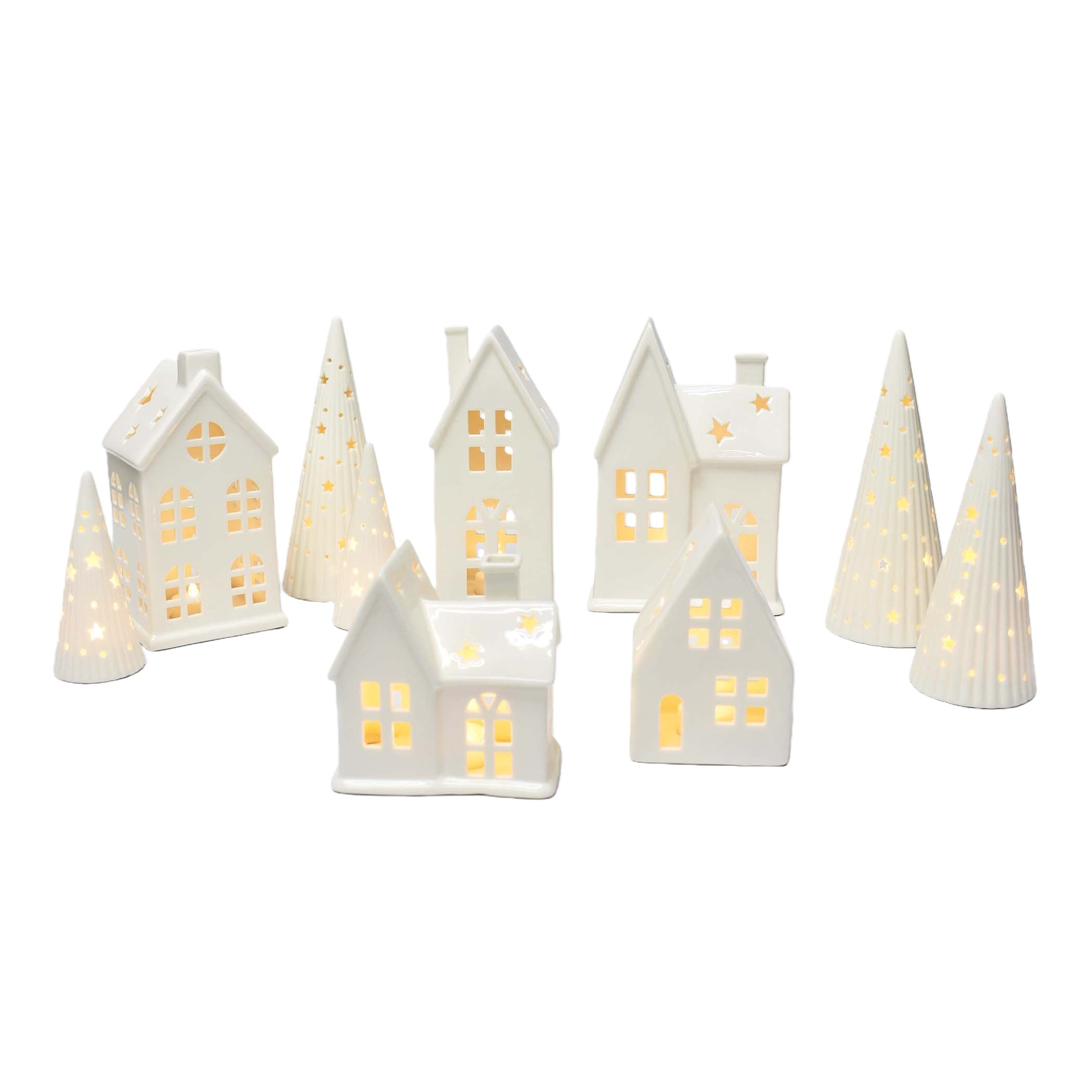 Lighted Ceramic Christmas Village Set 10 Pc White Holiday Houses and Tree Decor