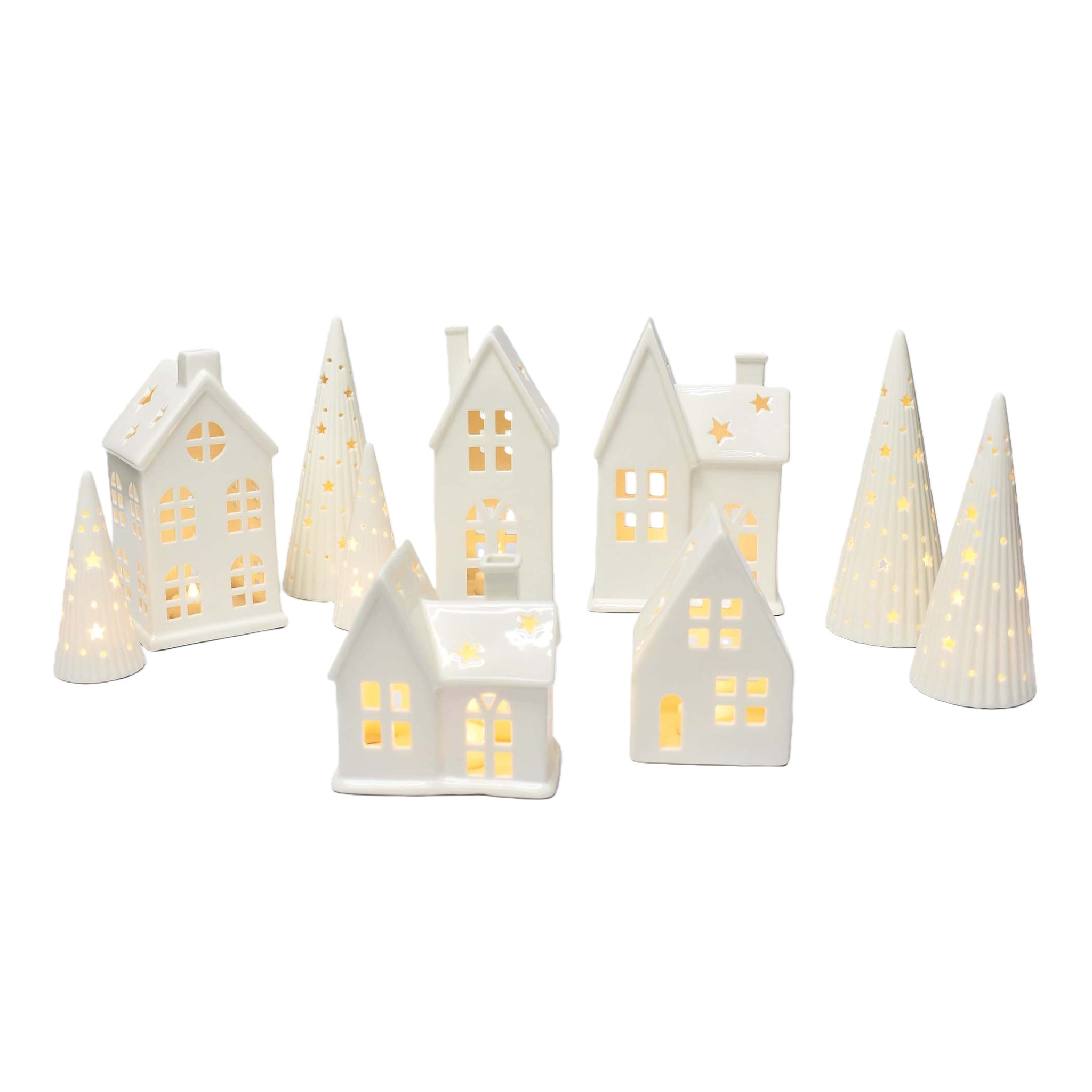 Lighted Ceramic Christmas Village Set 10 Pc White Holiday Houses and Tree Decor