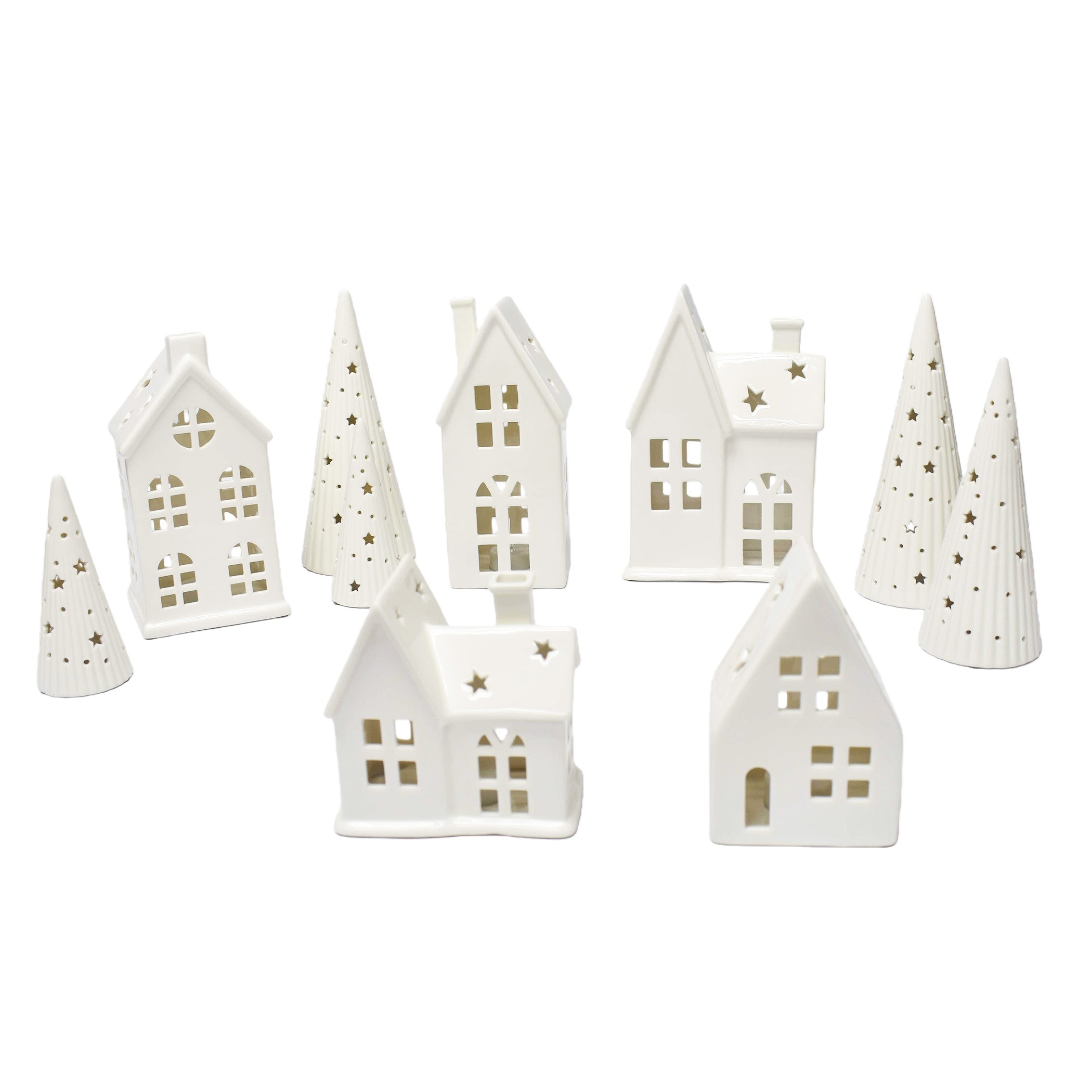 Lighted Ceramic Christmas Village Set 10 Pc White Holiday Houses and Tree Decor