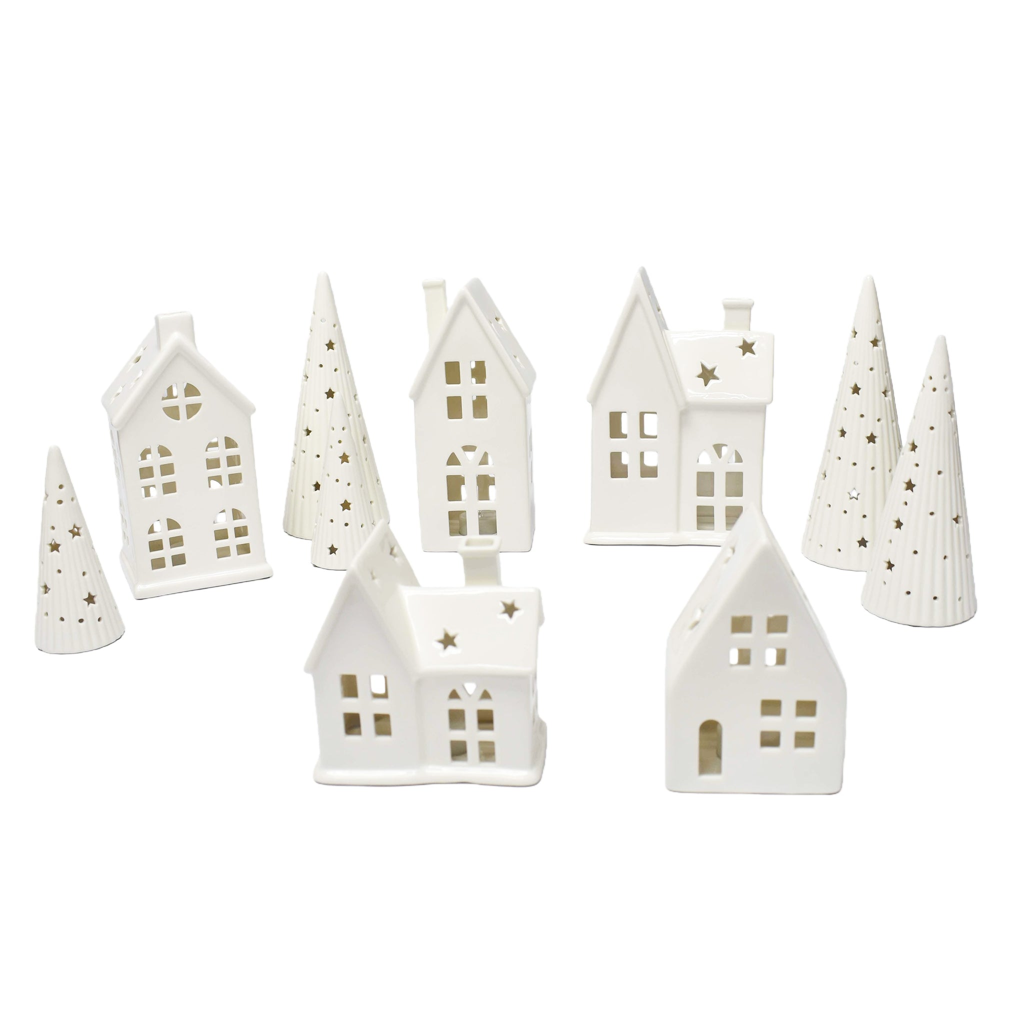 Lighted Ceramic Christmas Village Set 10 Pc White Holiday Houses and Tree Decor