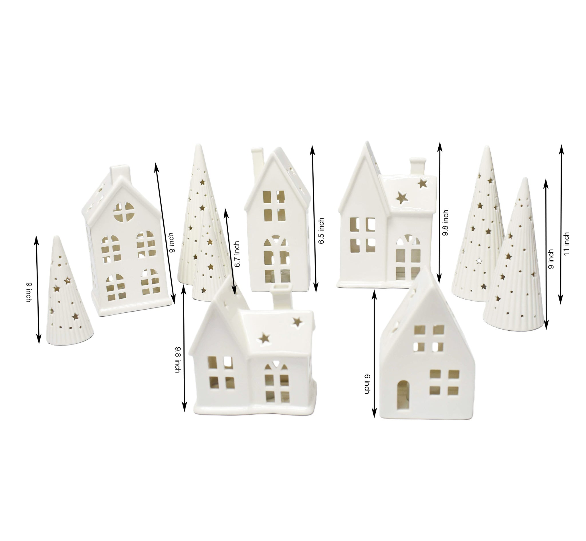 Lighted Ceramic Christmas Village Set 10 Pc White Holiday Houses and Tree Decor