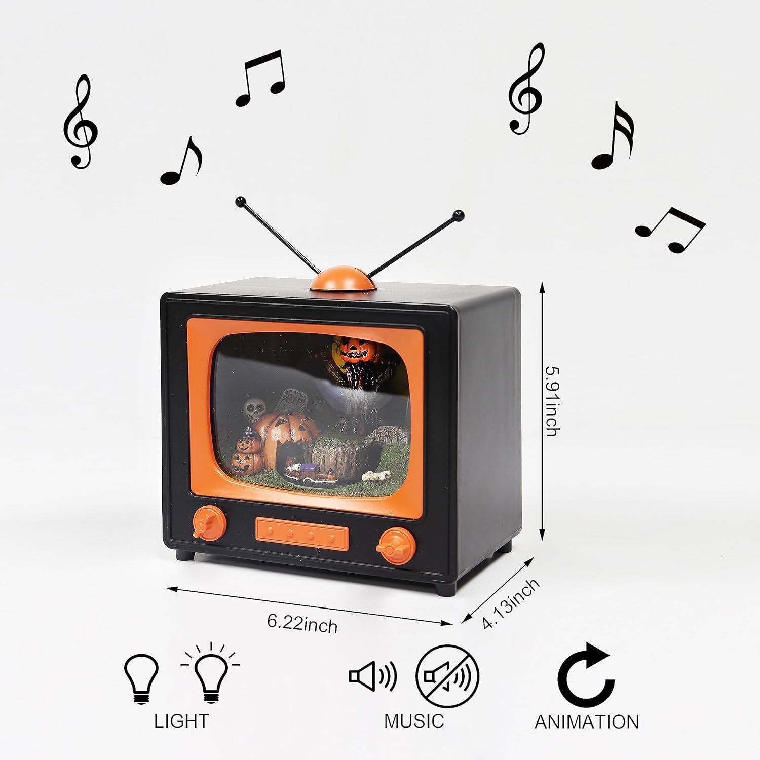Animated Halloween TV Decoration with LED Lighted Graveyard Scene and Moving Train, Musical Pumpkin Display Battery Operated Spooky Tabletop Decor for Home Office Party