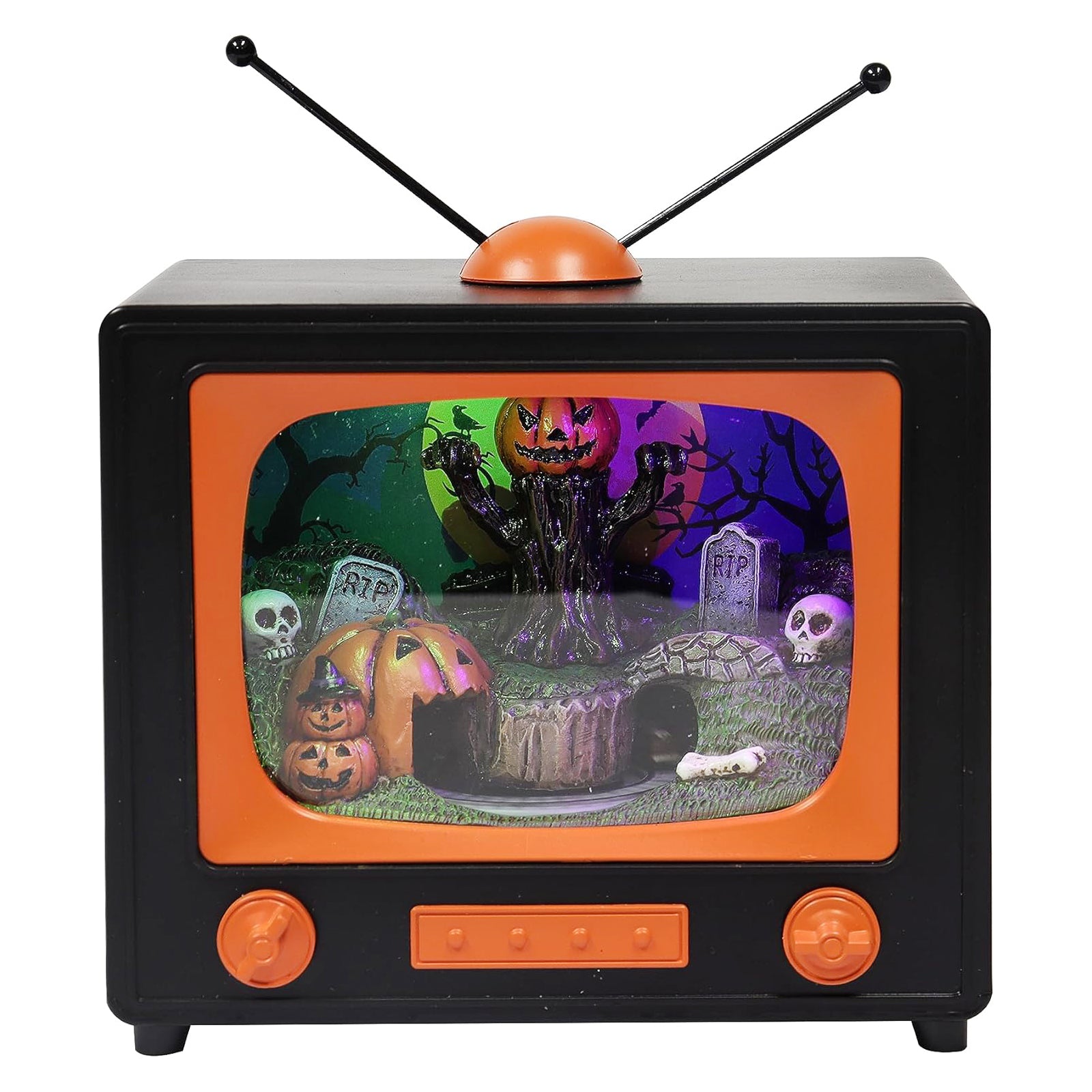 Animated Halloween TV Decoration with LED Lighted Graveyard Scene and Moving Train, Musical Pumpkin Display Battery Operated Spooky Tabletop Decor for Home Office Party