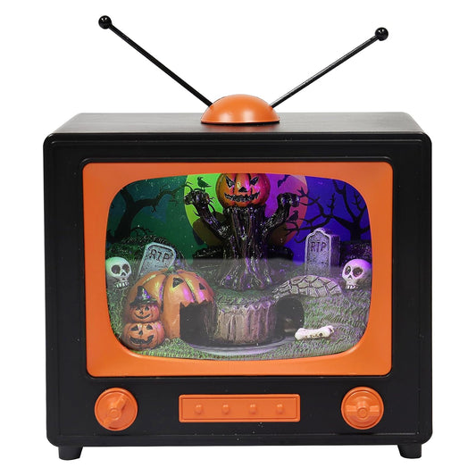 Animated Halloween TV Decoration with LED Lighted Graveyard Scene and Moving Train, Musical Pumpkin Display Battery Operated Spooky Tabletop Decor for Home Office Party