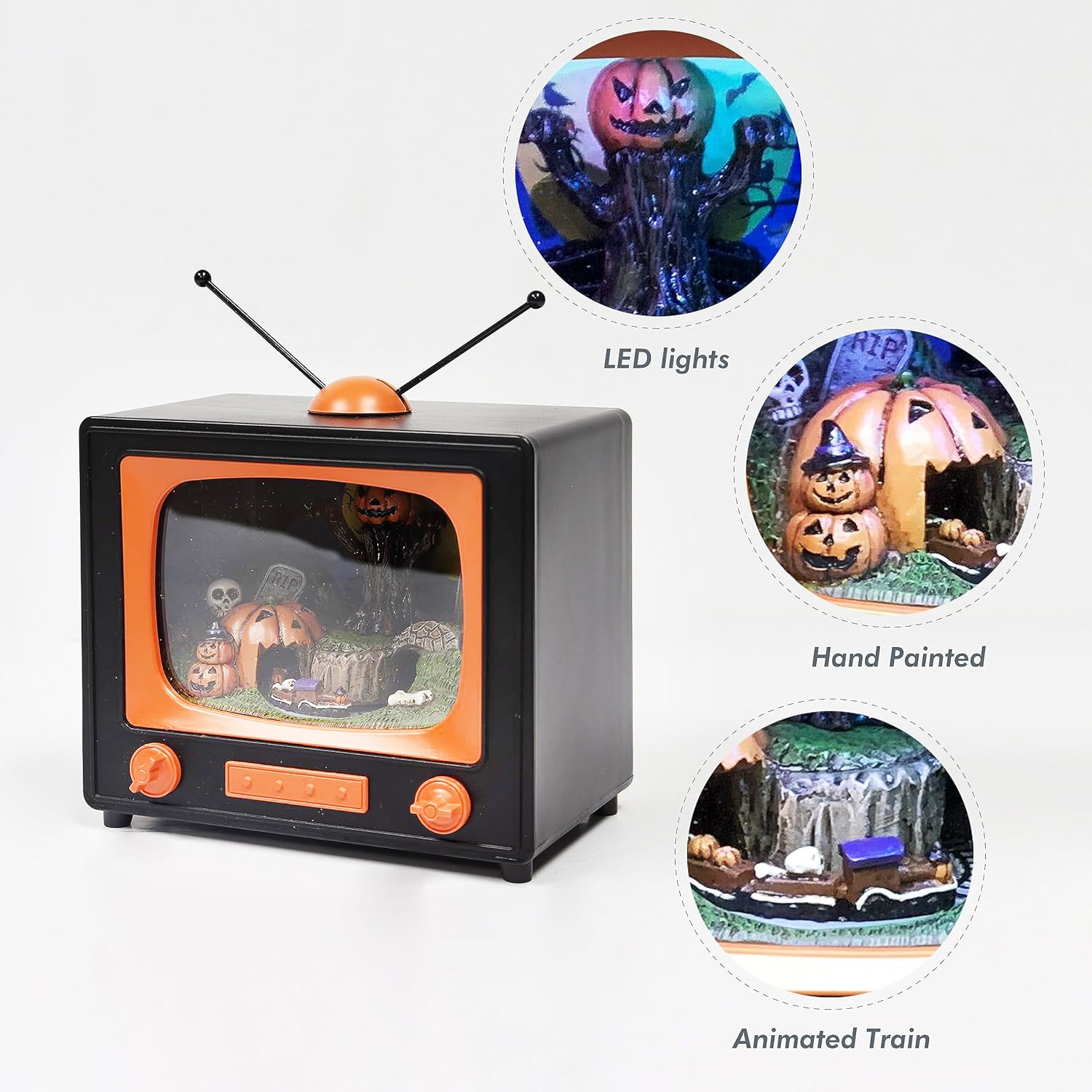 Animated Halloween TV Decoration with LED Lighted Graveyard Scene and Moving Train, Musical Pumpkin Display Battery Operated Spooky Tabletop Decor for Home Office Party