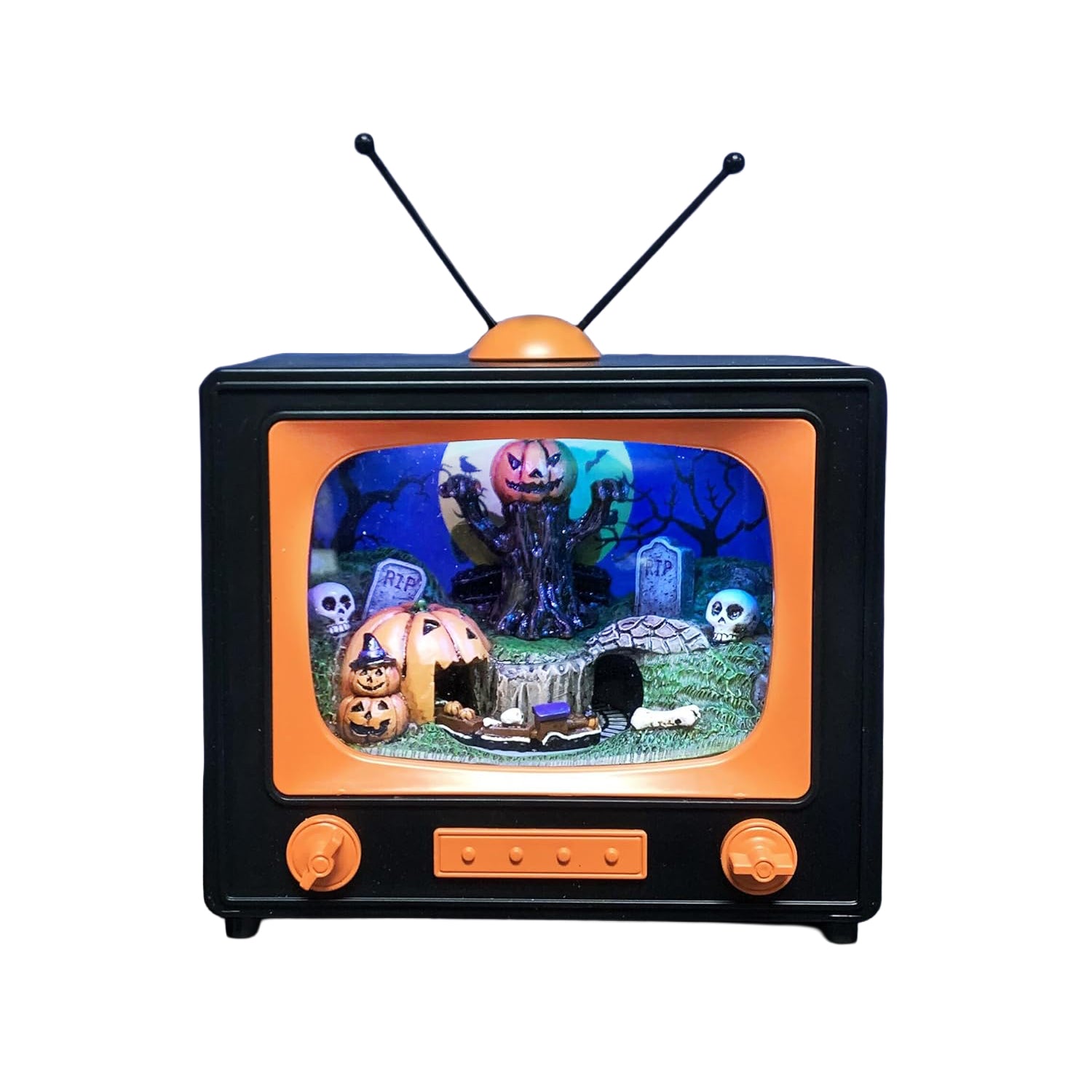 Animated Halloween TV Decoration with LED Lighted Graveyard Scene and Moving Train, Musical Pumpkin Display Battery Operated Spooky Tabletop Decor for Home Office Party