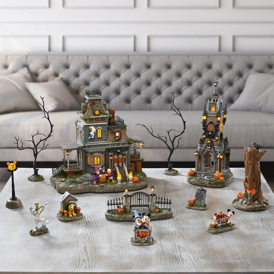 Halloween Village 12-Piece LED Musical Set with Cartoon Disney Mickey Minnie Mouse Characters Handcrafted
