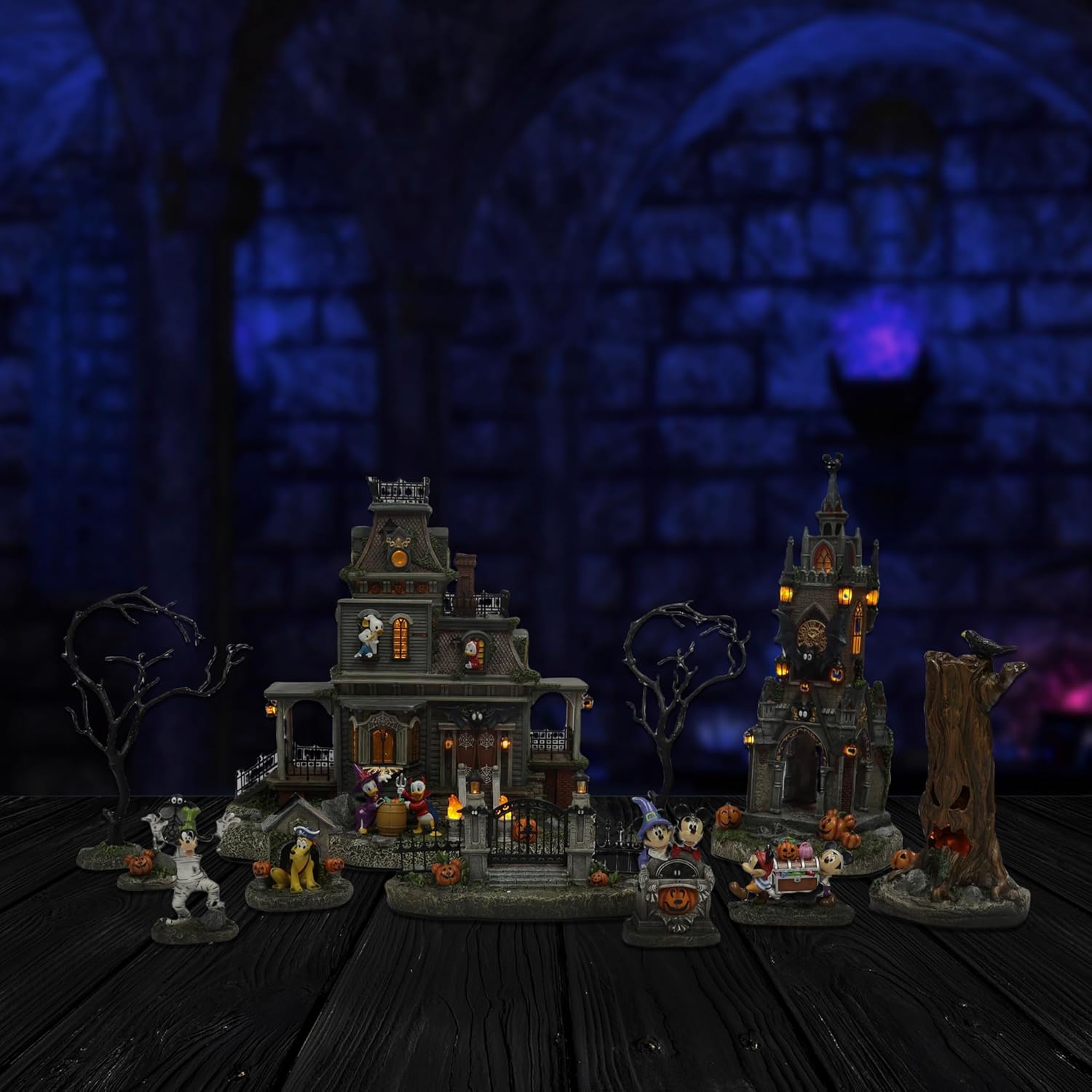 Halloween Village 12-Piece LED Musical Set with Cartoon Disney Mickey Minnie Mouse Characters Handcrafted