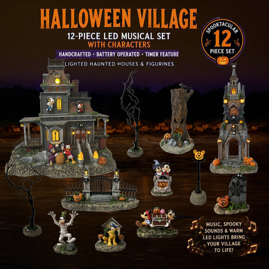 Disney Halloween Village 12-Piece LED Musical Set with Cartoon Disney Mickey Minnie Mouse Characters Handcrafted
