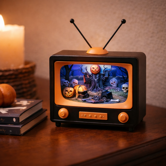 Animated Halloween TV Decoration with LED Lighted Graveyard Scene and Moving Train, Musical Pumpkin Display Battery Operated Spooky Tabletop Decor for Home Office Party