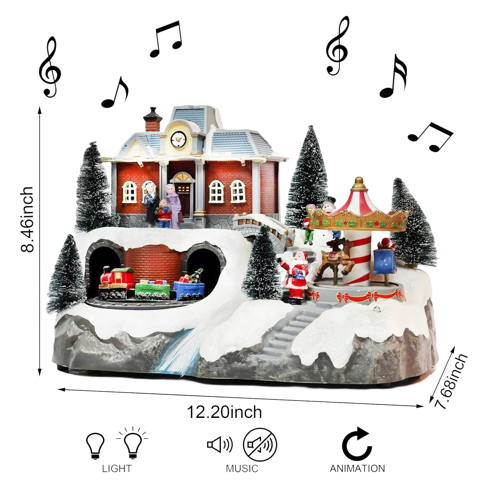Animated Moving Train & Carousel Musical Christmas Village 8.5”H Light Up Holiday Scene with LED Lights