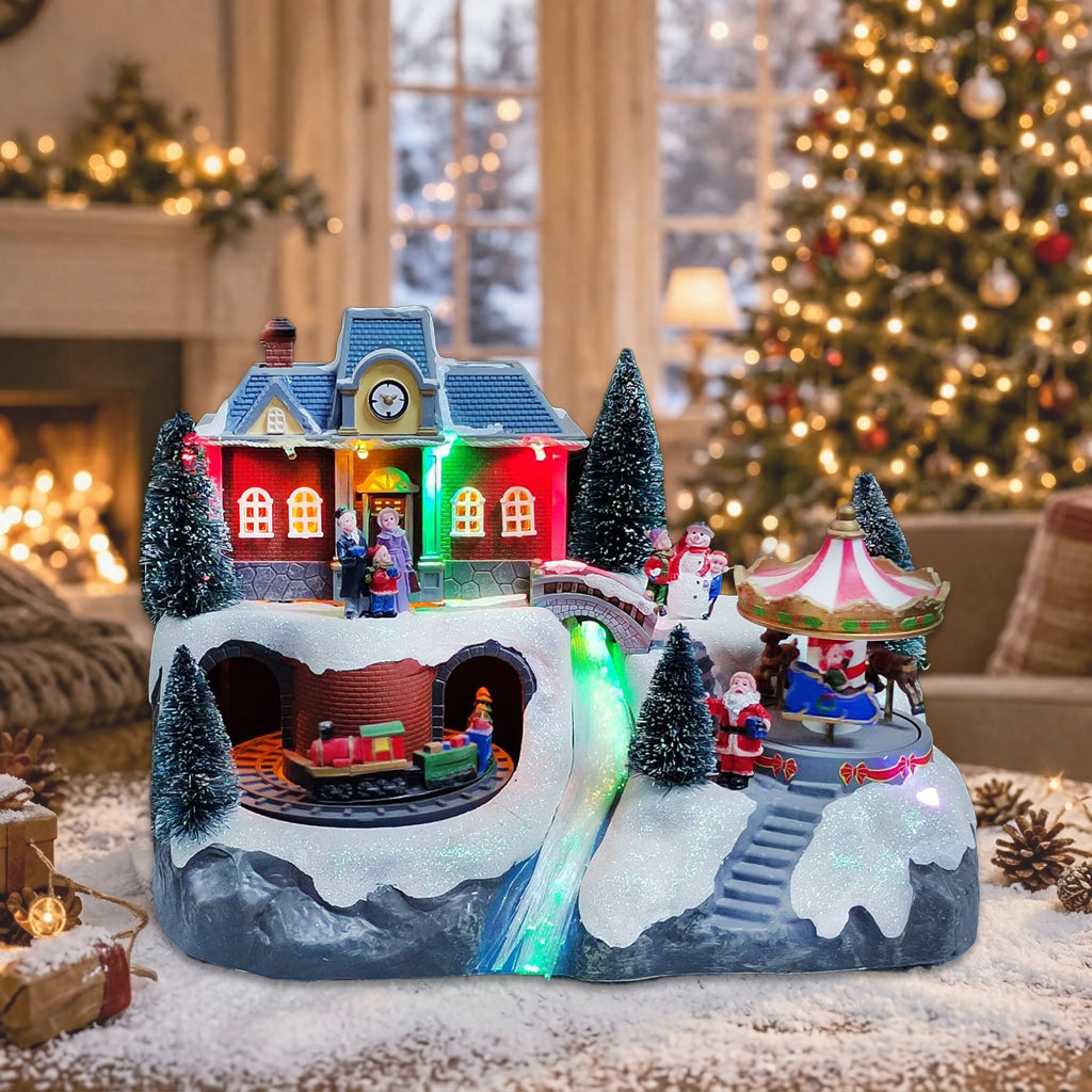 Animated Moving Train & Carousel Musical Christmas Village 8.5”H Light Up Holiday Scene with LED Lights