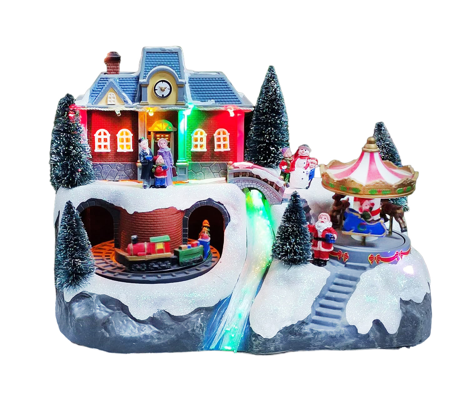 Animated Moving Train & Carousel Musical Christmas Village 8.5”H Light Up Holiday Scene with LED Lights