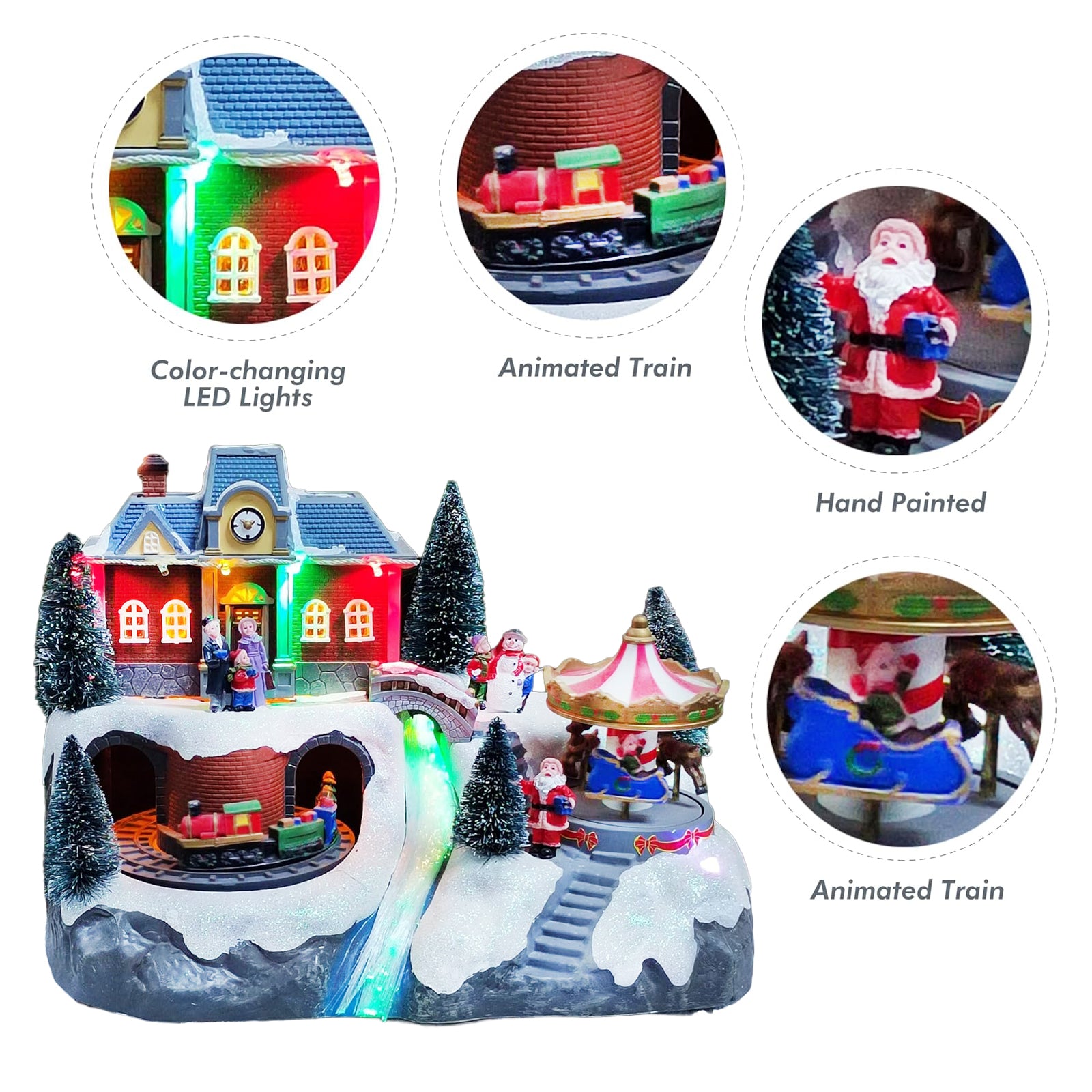 Animated Moving Train & Carousel Musical Christmas Village 8.5”H Light Up Holiday Scene with LED Lights