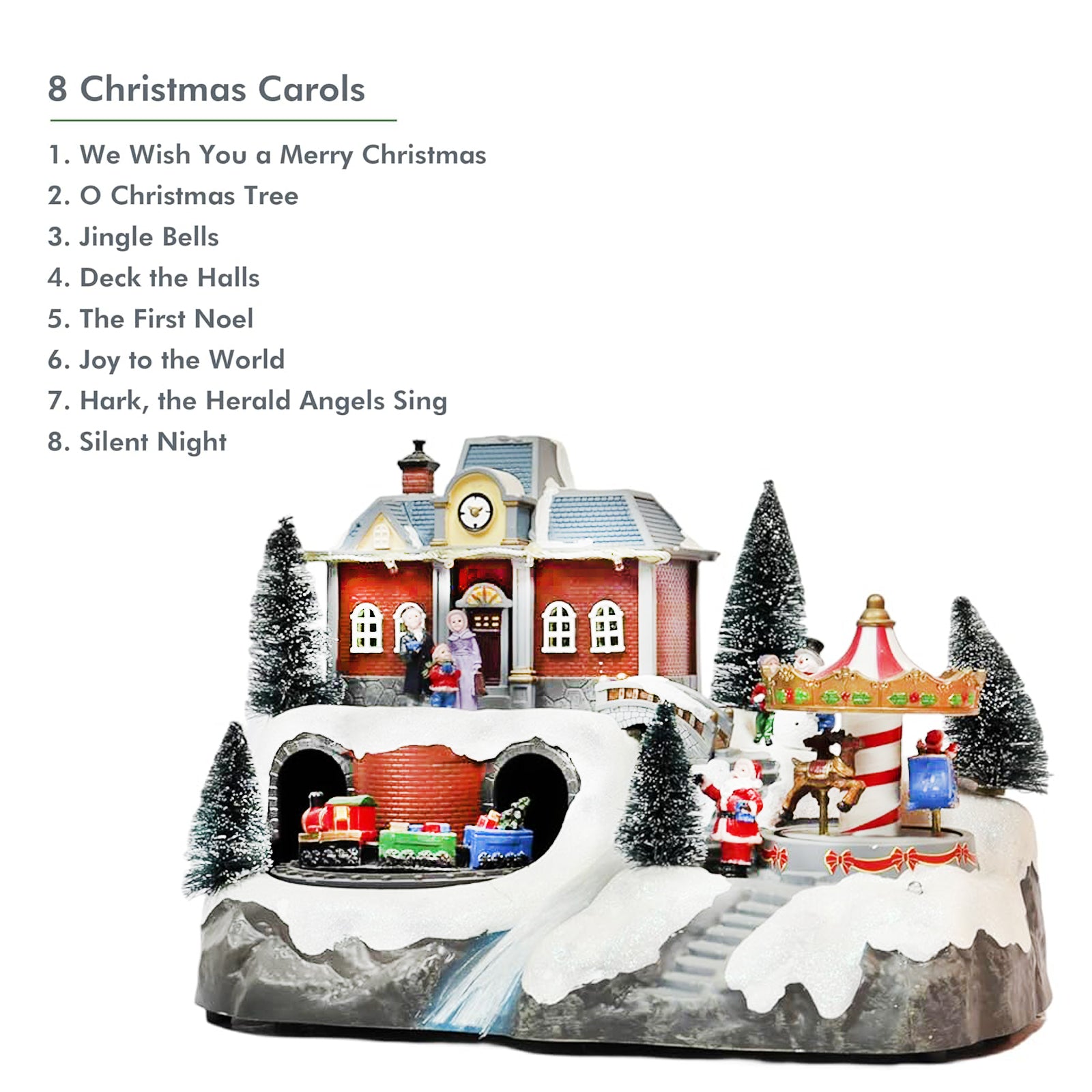 Animated Moving Train & Carousel Musical Christmas Village 8.5”H Light Up Holiday Scene with LED Lights