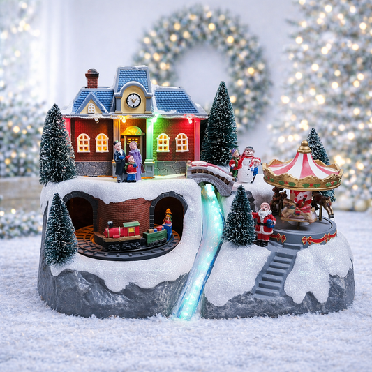Animated Moving Train & Carousel Musical Christmas Village 8.5”H Light Up Holiday Scene with LED Lights