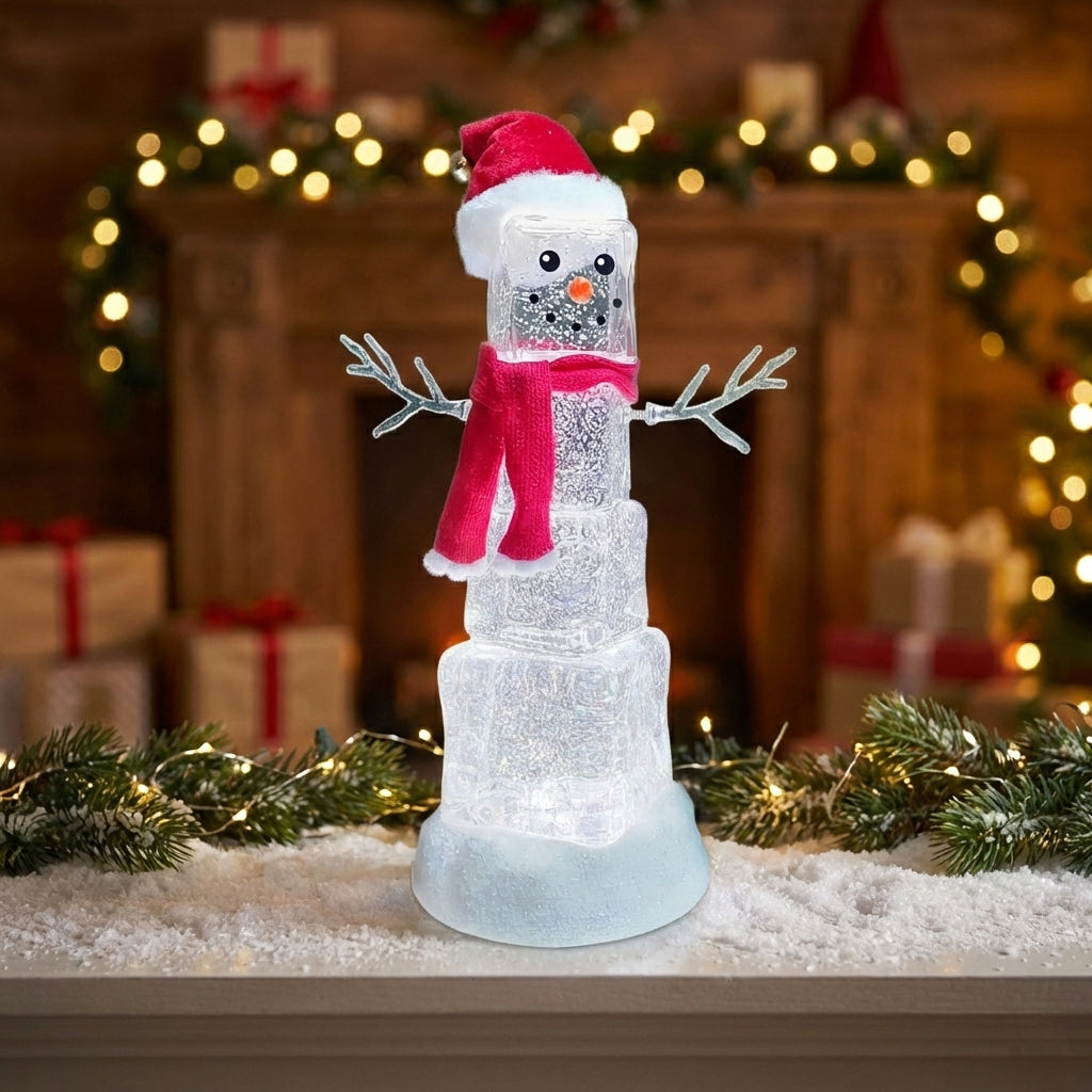 Ice Cube Snowman Snow Globe 13.5”H LED Lighted Spinning