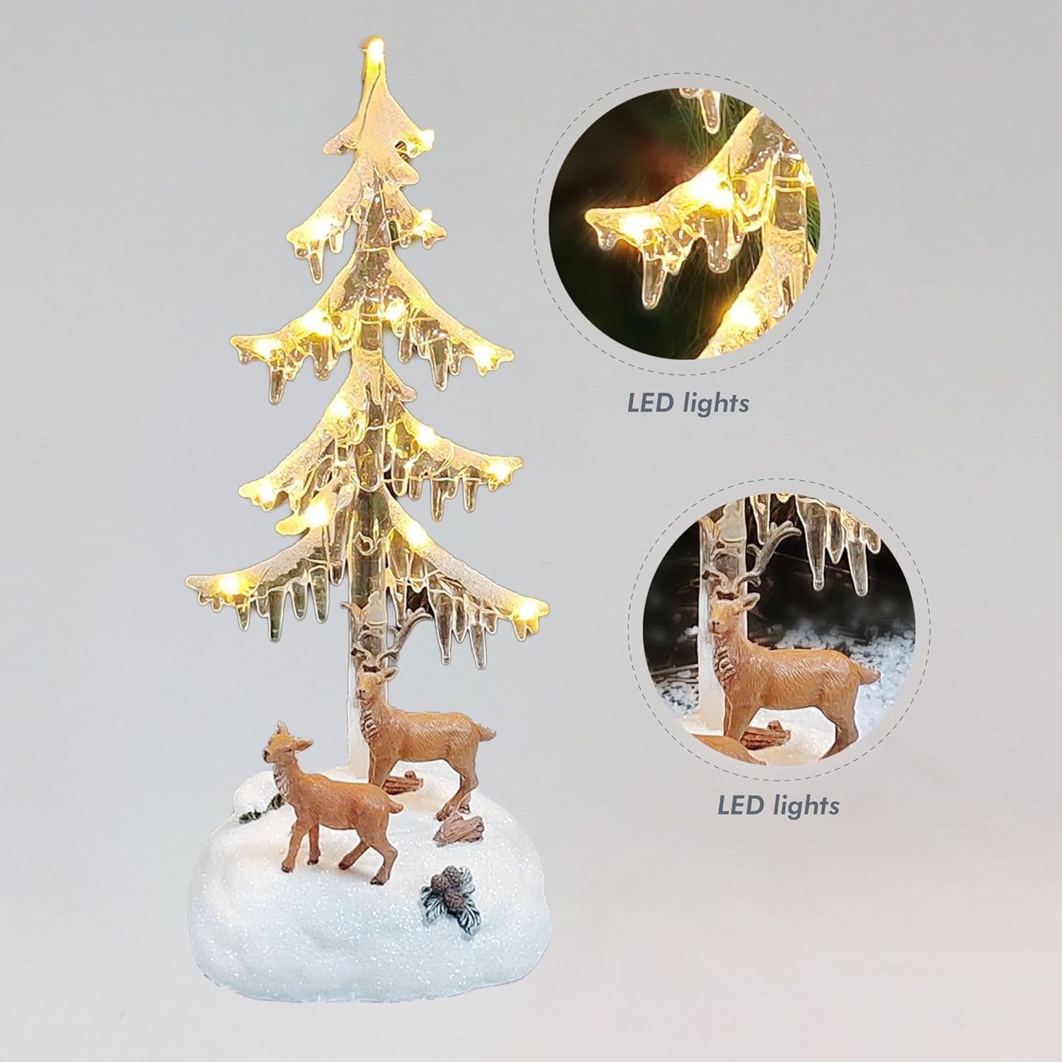 Acrylic LED Lighted Icicle Tree with Reindeer 13 Inch Battery Operated