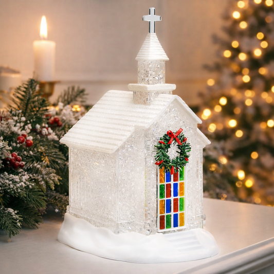 Lighted Chapel Church LED Acrylic Holiday Tabletop Decoration Glittering Crystal Church