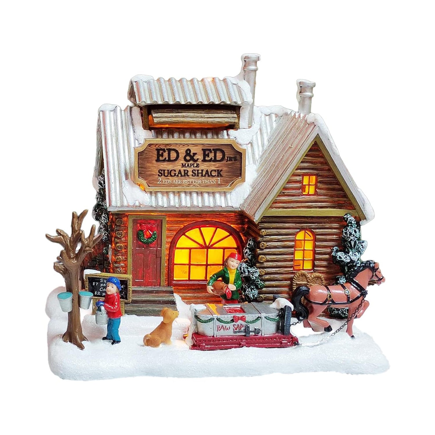 Sugar Shack Christmas Village House Hand-Painted Polyresin Cabin Scene with Horse & Dog, Winter Holiday Décor