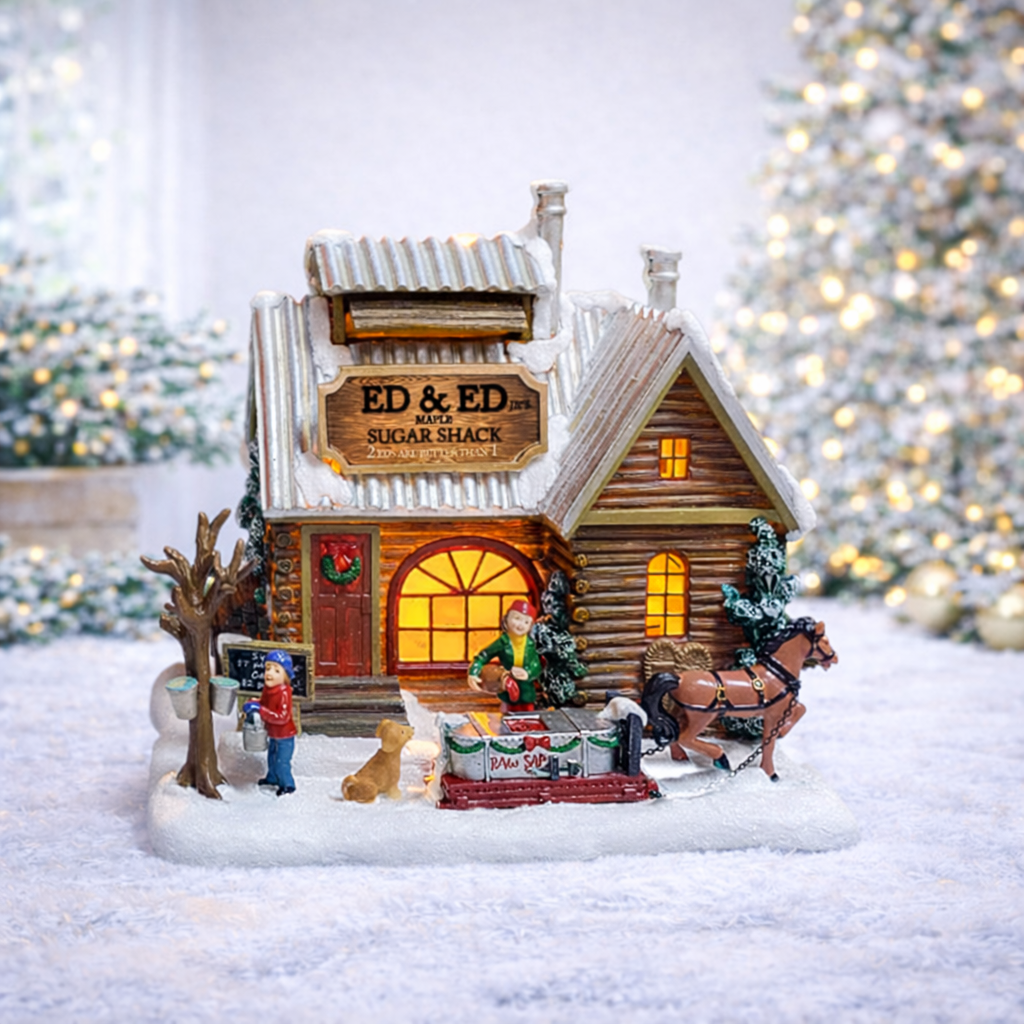 Sugar Shack Christmas Village House Hand-Painted Polyresin Cabin Scene with Horse & Dog, Winter Holiday Décor