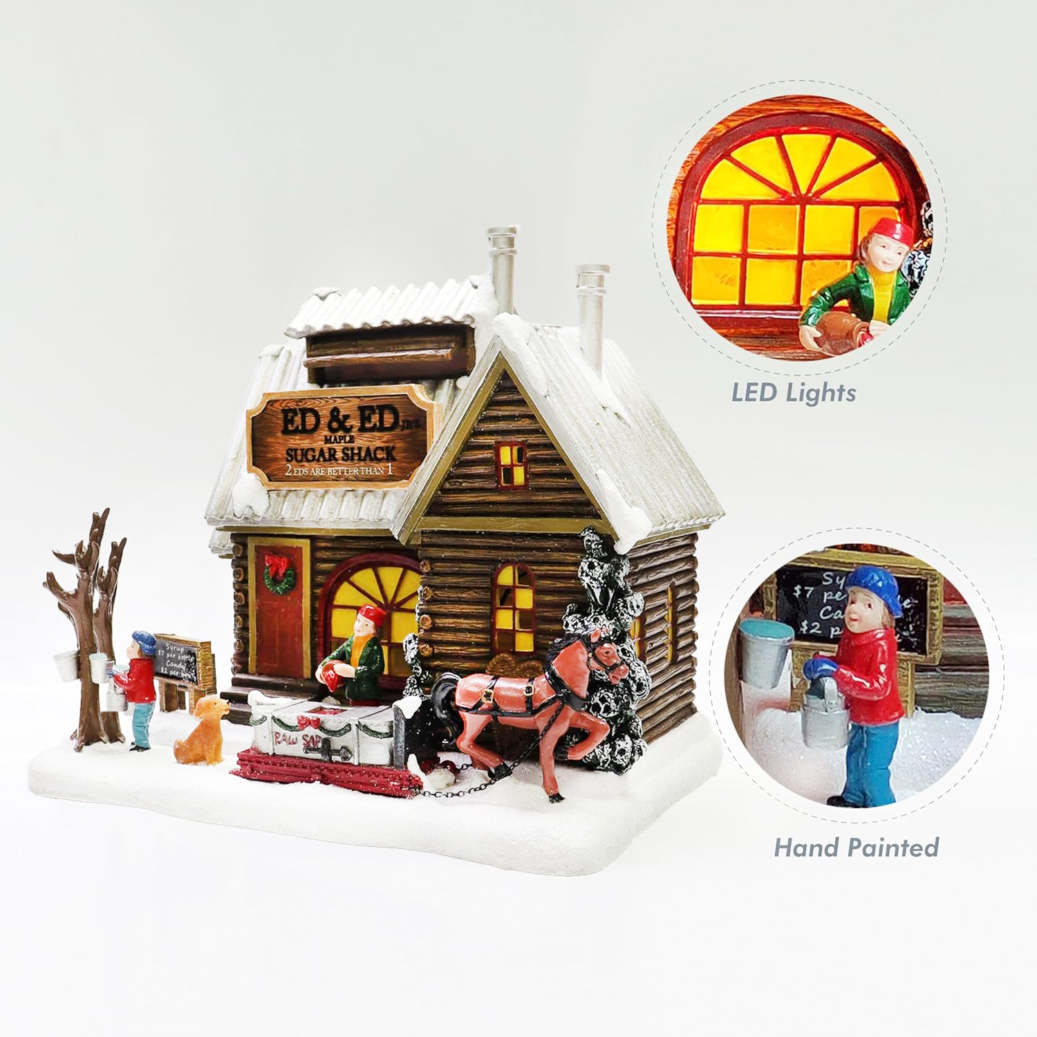 Sugar Shack Christmas Village House Hand-Painted Polyresin Cabin Scene with Horse & Dog, Winter Holiday Décor
