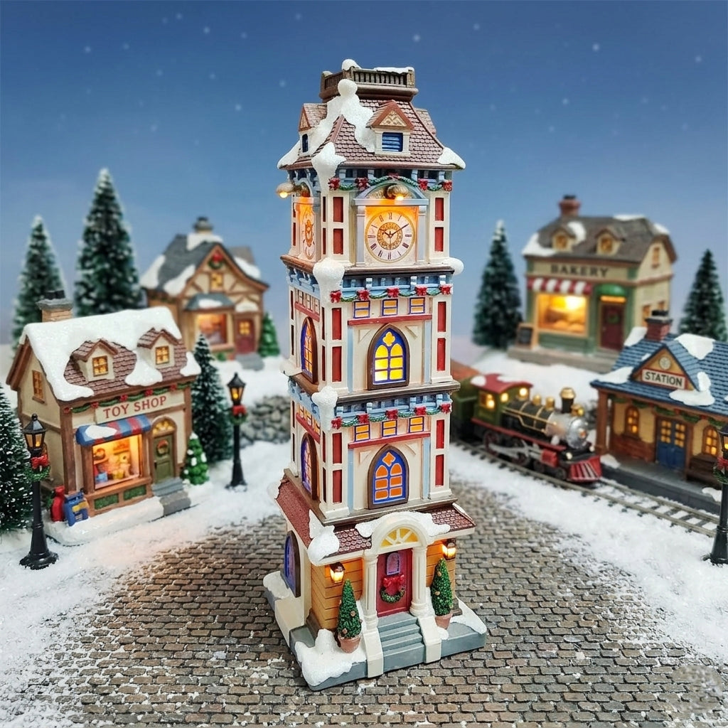 Christmas Clock Tower 14.5” LED Hand-Painted Polyresin Village Decoration
