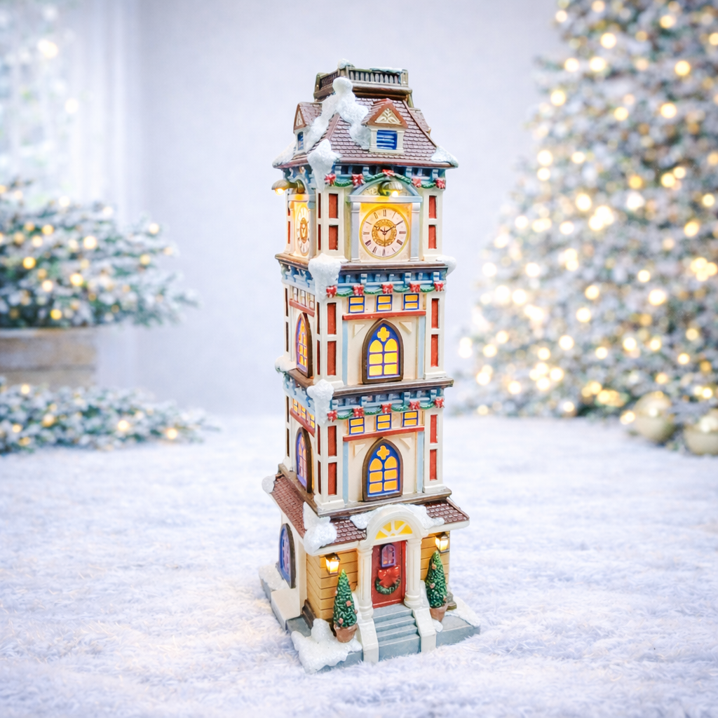 Christmas Clock Tower 14.5” LED Hand-Painted Polyresin Village Decoration