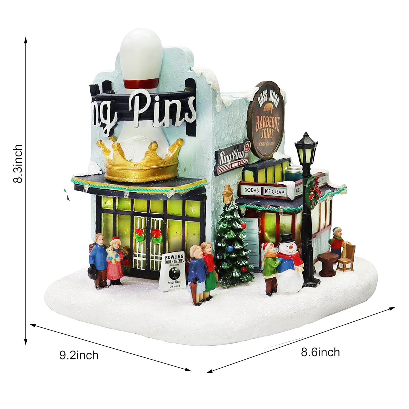 Lighted Christmas Village House King Pins Bowling Alley Scene with Figures, Tree & Snowman