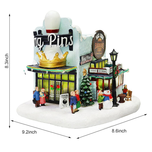 Lighted Christmas Village House King Pins Bowling Alley Scene with Figures, Tree & Snowman