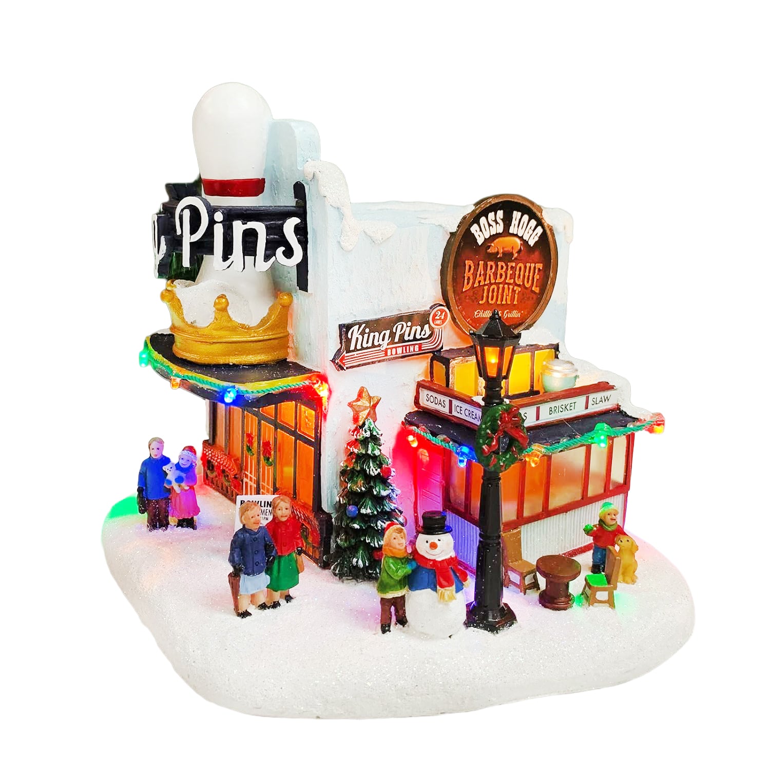 Lighted Christmas Village House King Pins Bowling Alley Scene with Figures, Tree & Snowman