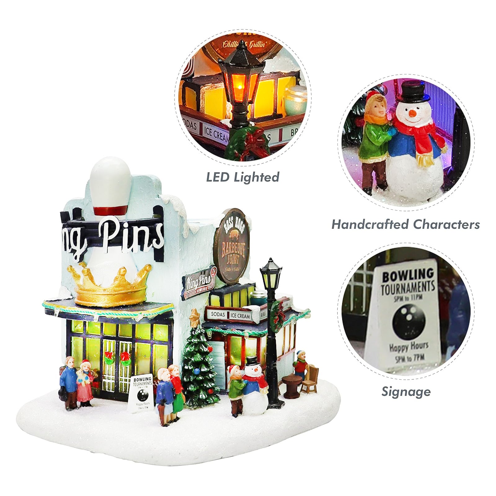 Lighted Christmas Village House King Pins Bowling Alley Scene with Figures, Tree & Snowman