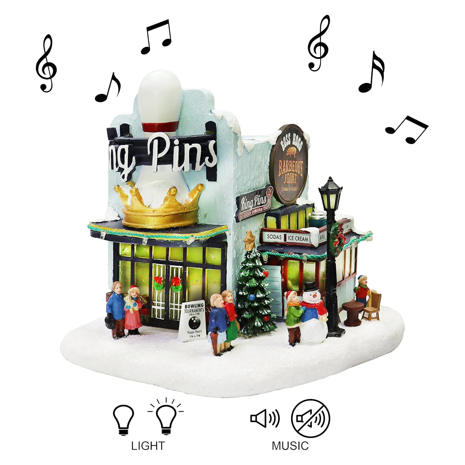 Lighted Christmas Village House King Pins Bowling Alley Scene with Figures, Tree & Snowman