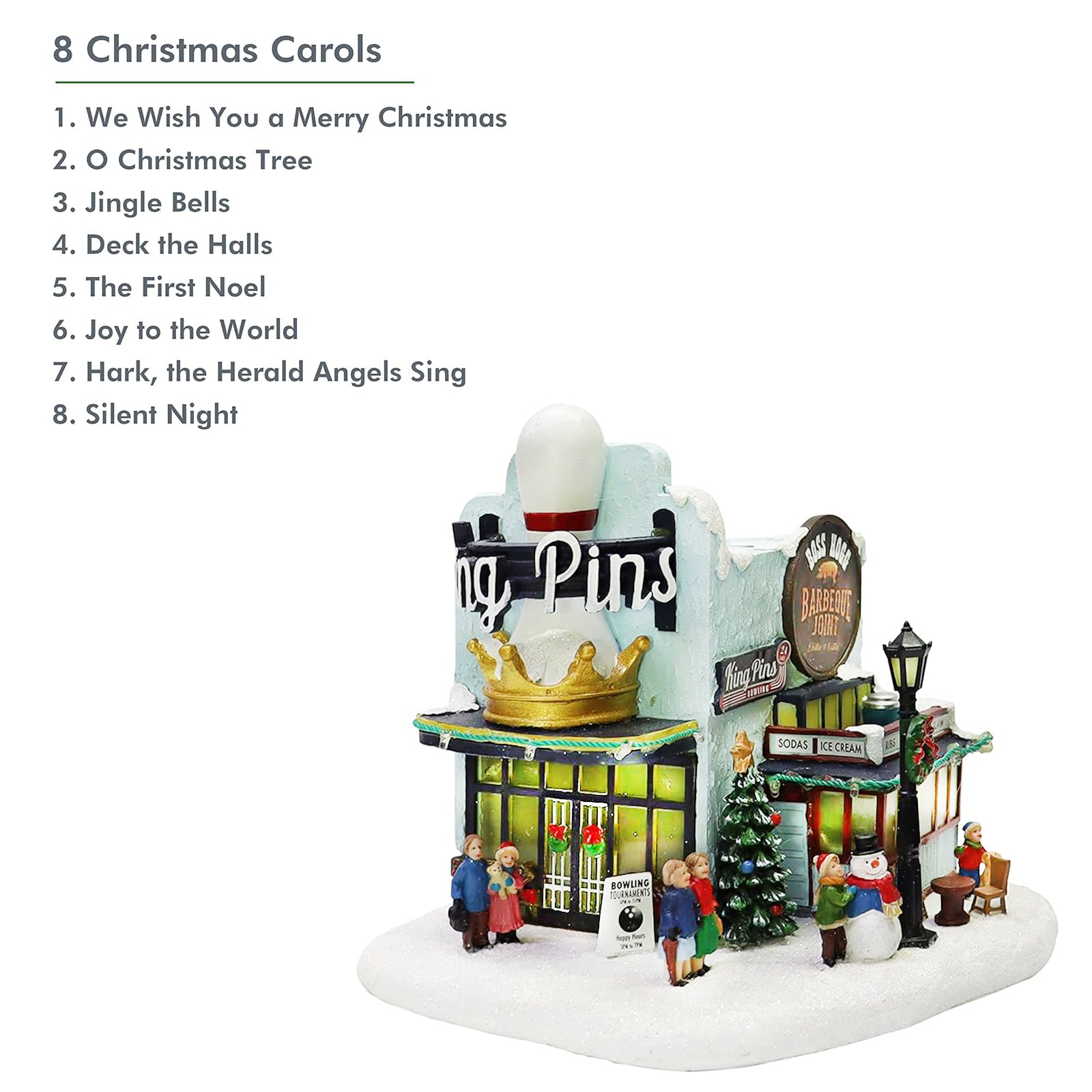 Lighted Christmas Village House King Pins Bowling Alley Scene with Figures, Tree & Snowman