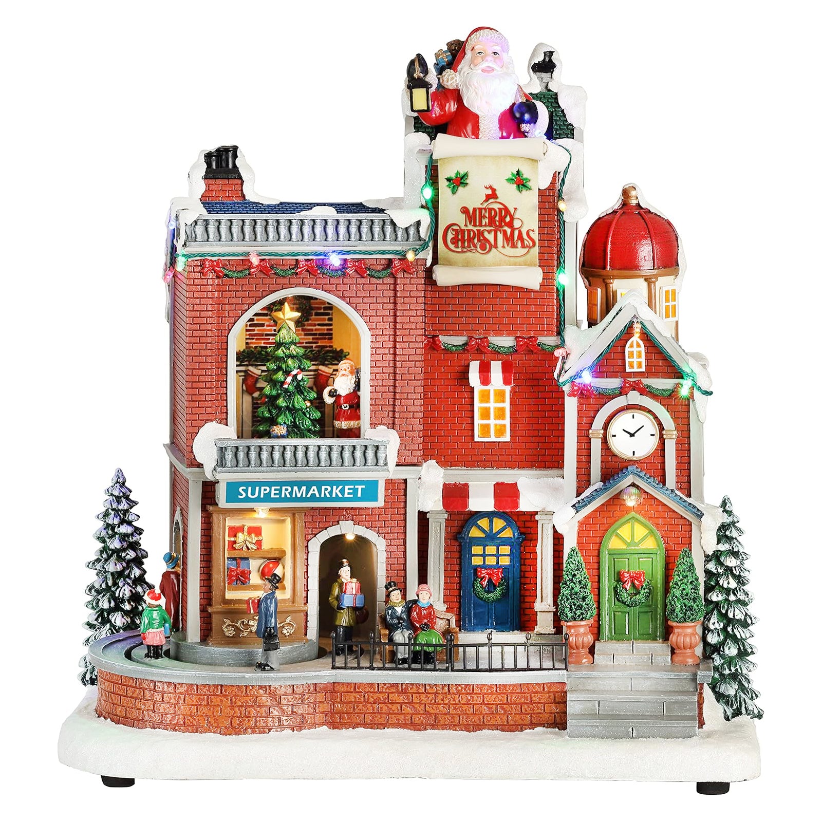 Lighted Christmas Village House Supermarket and Shops Animated Holiday Scene