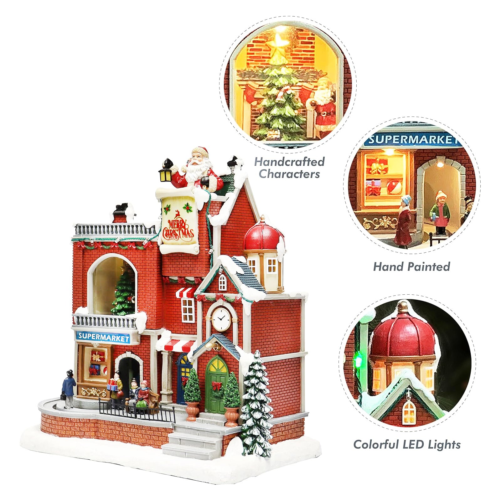Lighted Christmas Village House Supermarket and Shops Animated Holiday Scene
