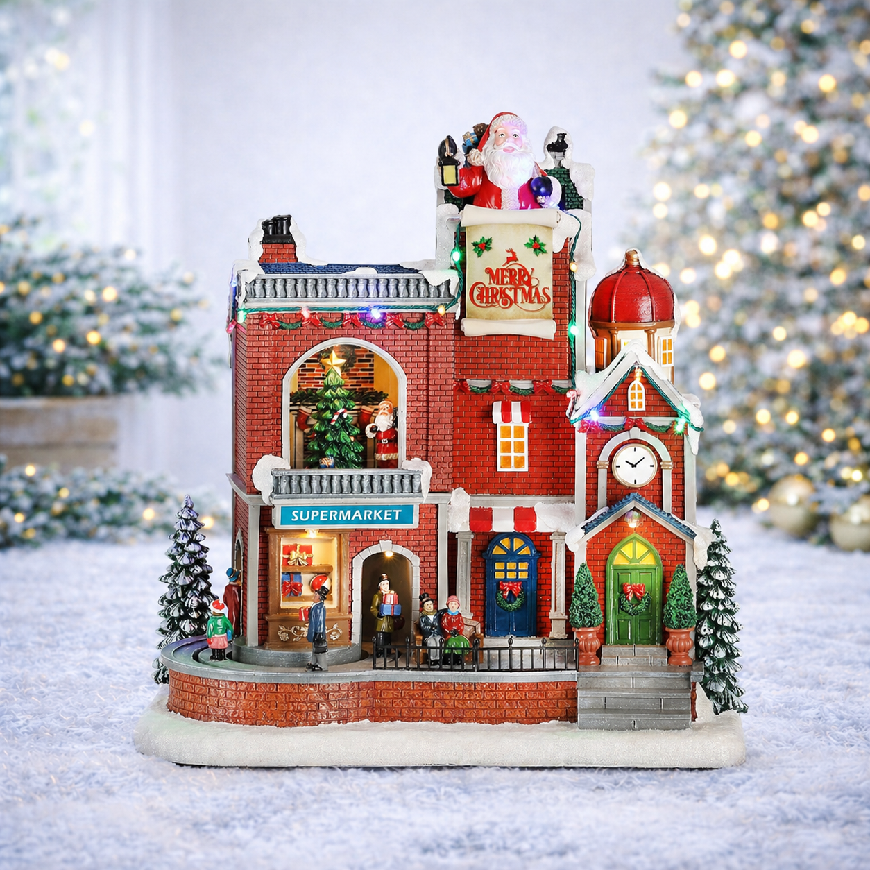 Lighted Christmas Village House Supermarket and Shops Animated Holiday Scene