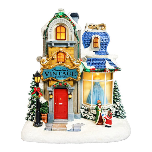 Lighted Christmas Village Vintage Boutique LED 10.6” Musical Polyresin Holiday Building