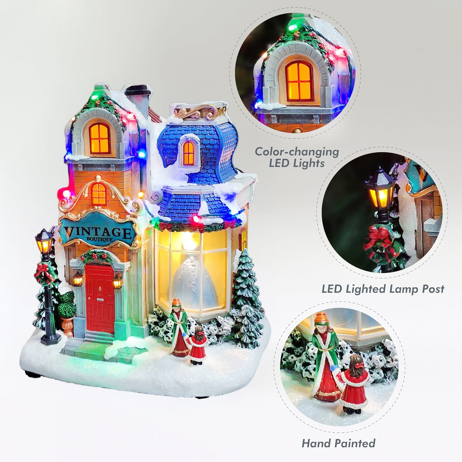 Lighted Christmas Village Vintage Boutique LED 10.6” Musical Polyresin Holiday Building