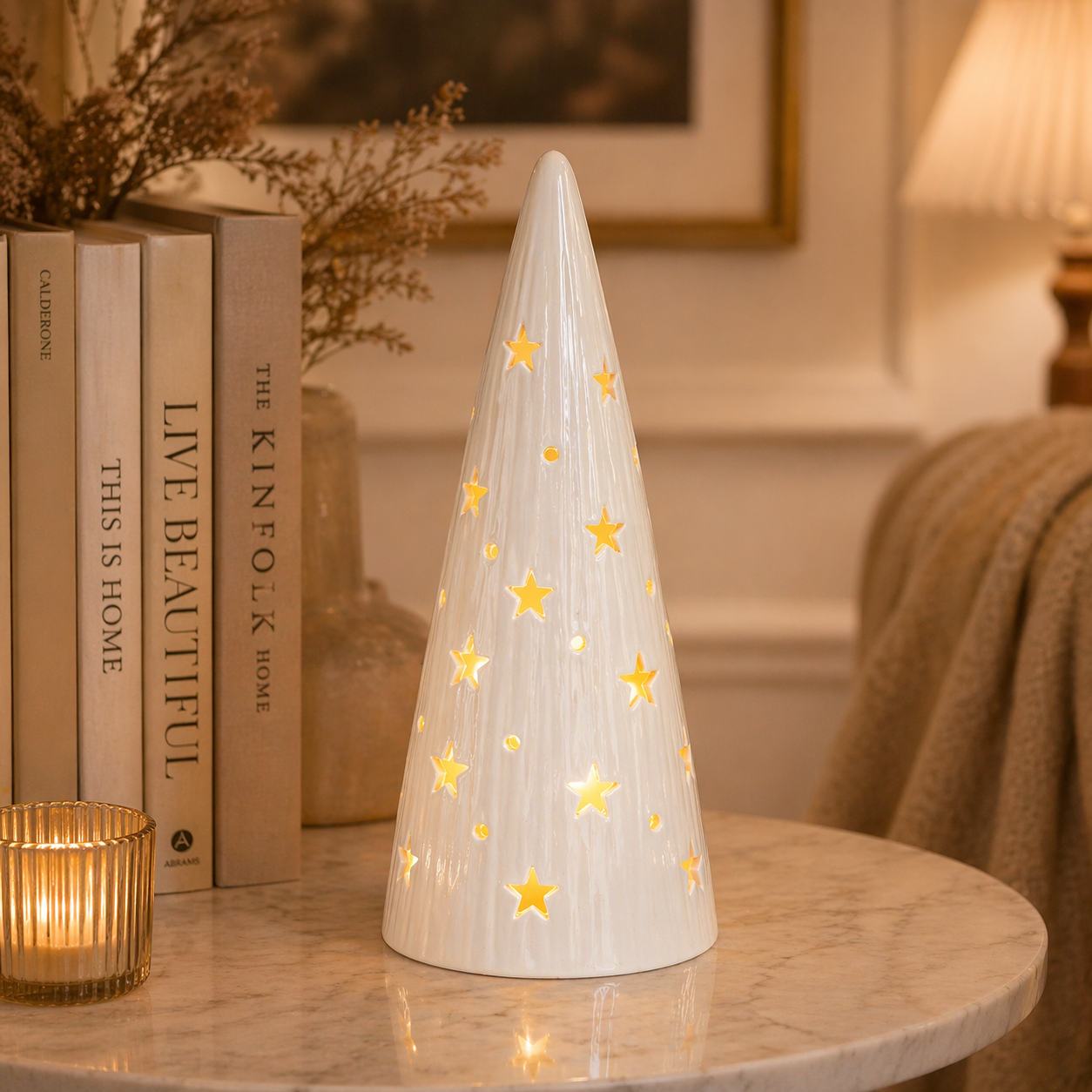 White Ceramic Light Up Cone Tree with Star Design LED Christmas Decoration Battery Powered Tabletop Holiday Home Decor Winter Night Light