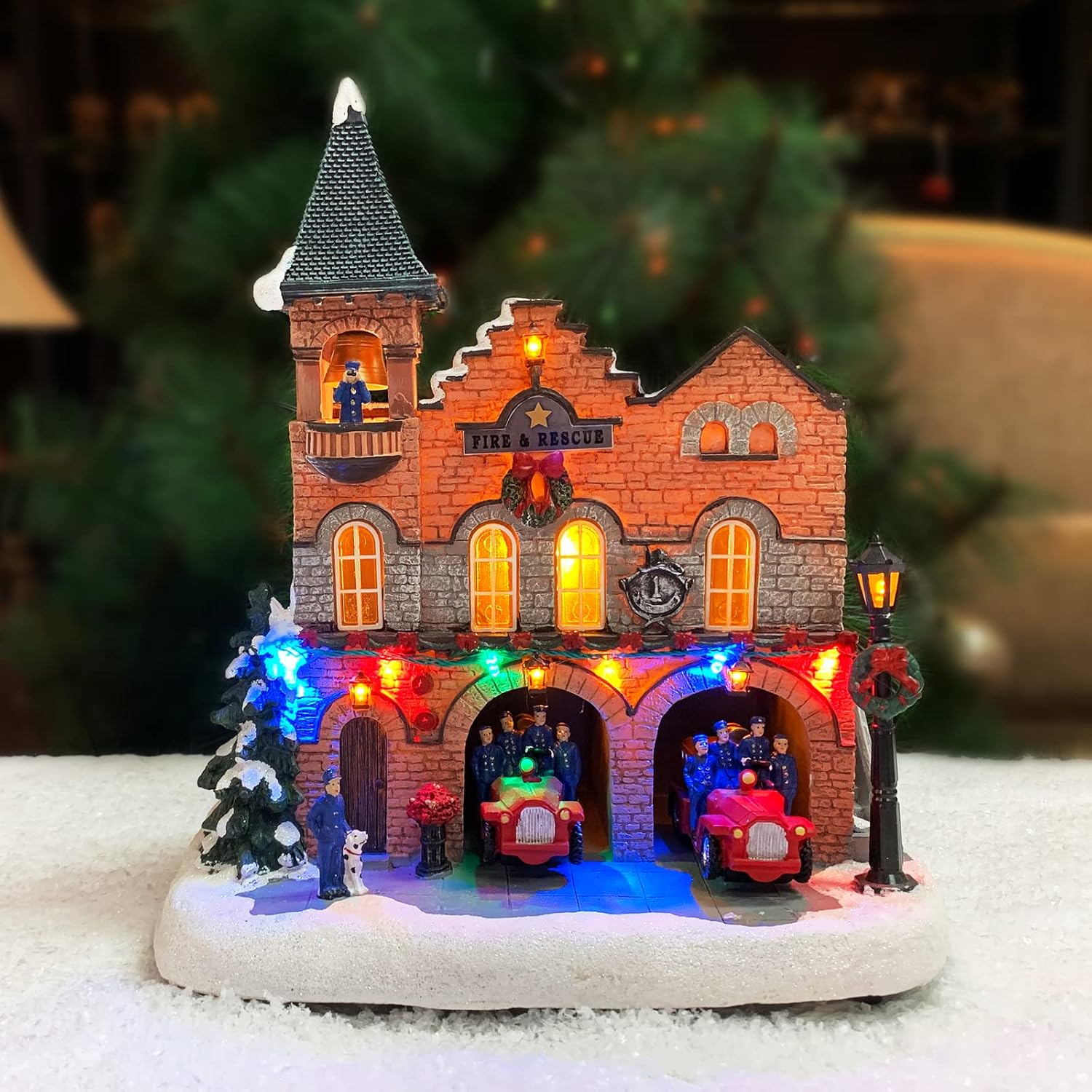 Lighted Fire Station Christmas Village 12” Animated Building with LED Lights
