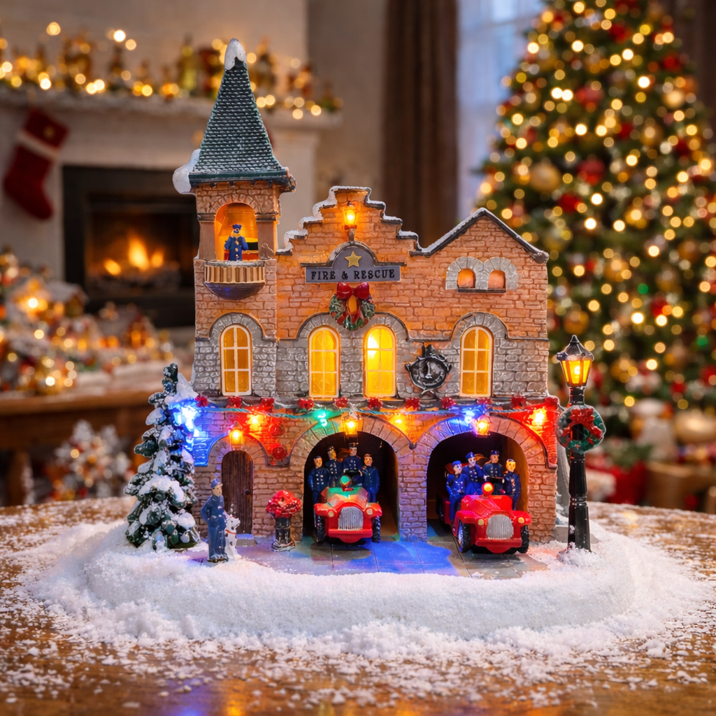 Lighted Fire Station Christmas Village 12” Animated Building with LED Lights